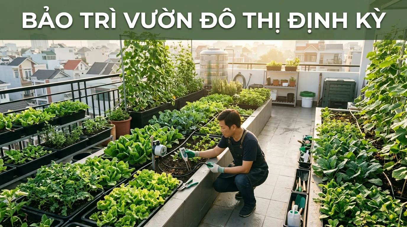 Kỹ thuật viên bảo trì hệ thống vườn rau sân thượng định kỳ