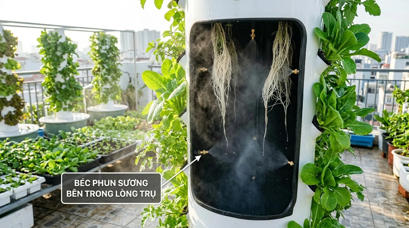 Cơ chế béc phun sương hạt mịn nuôi dưỡng bộ rễ khí canh lơ lửng