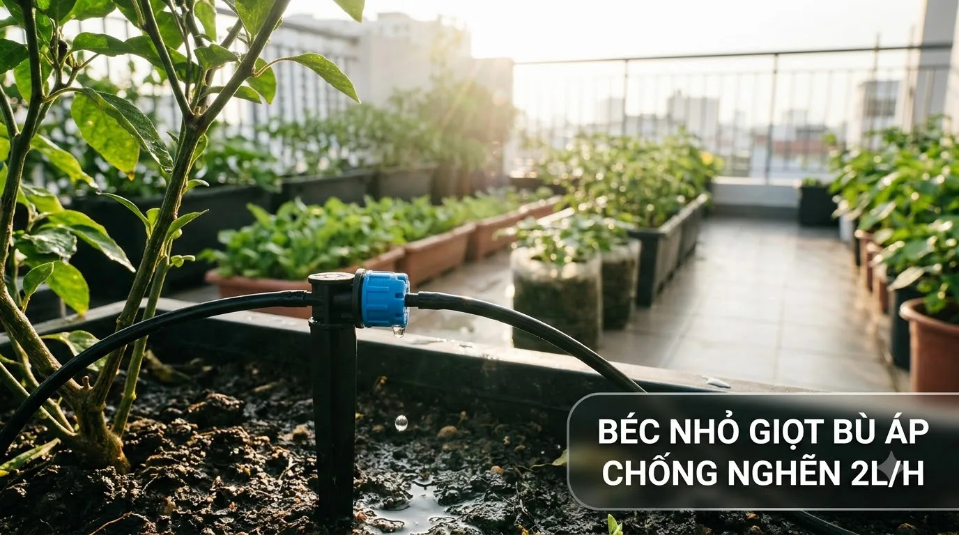 Cận cảnh béc tưới nhỏ giọt bù áp 2L/h chống nghẽn rỉ nước đều gốc cây