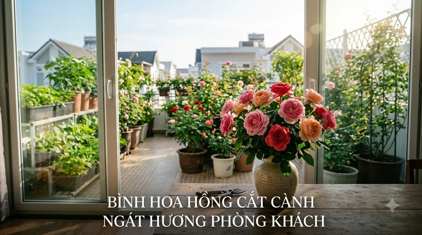 Bình hoa hồng tươi ngát hương cắt cành từ vườn hoa sân thượng