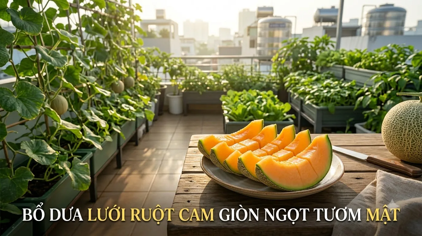 Bổ quả dưa lưới ruột cam giòn ngọt thơm lừng trồng từ sân thượng