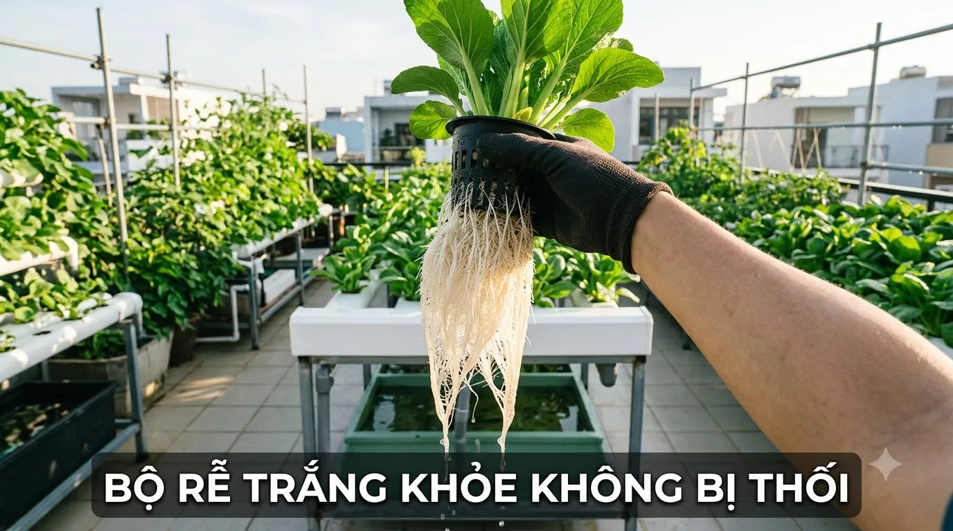 Bộ rễ rau thủy canh trắng muốt khỏe mạnh không bị thối rễ