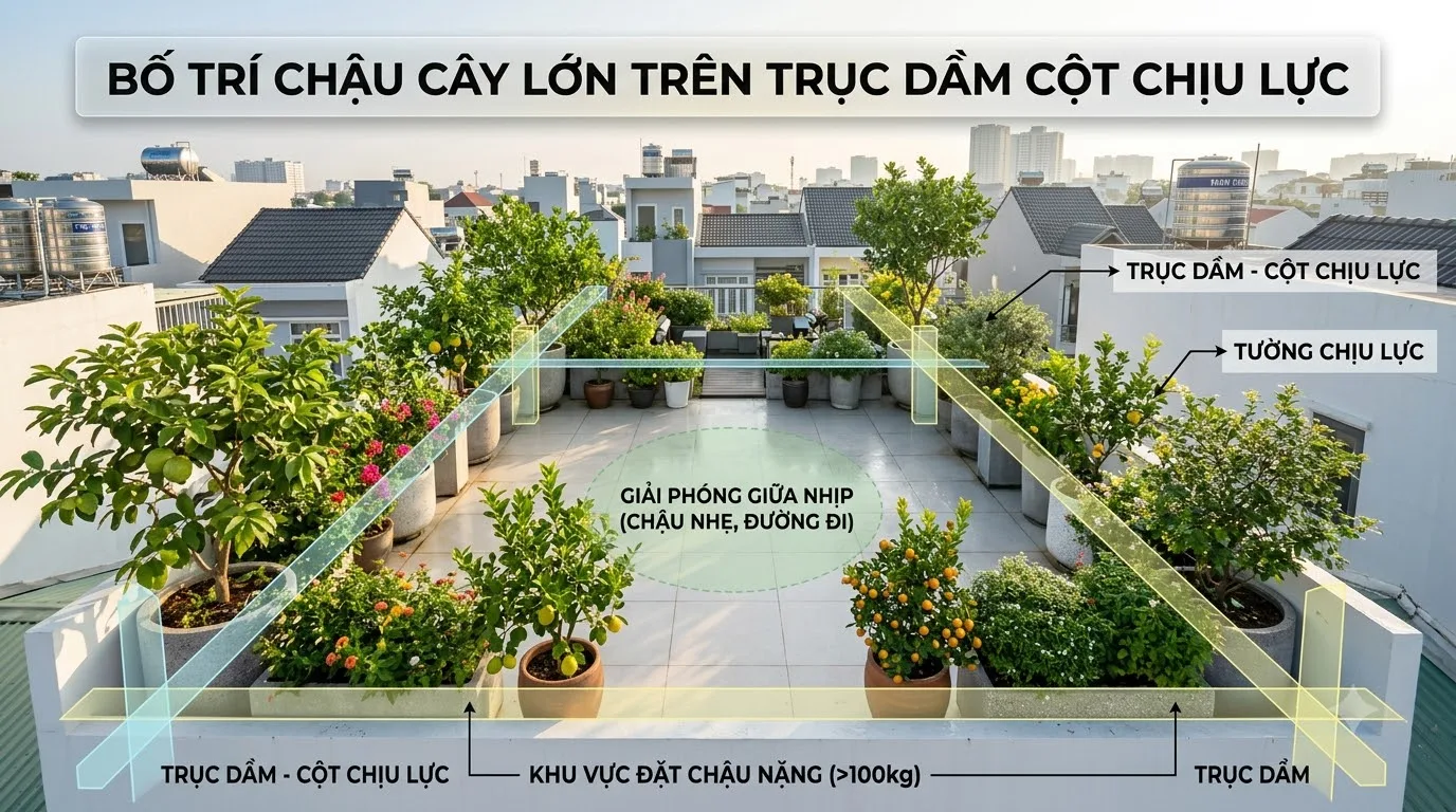 Nguyên tắc bố trí chậu cây nặng trên trục dầm cột chịu lực an toàn