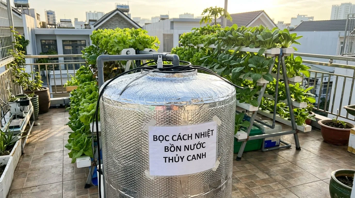 Bọc màng bạc cách nhiệt bồn nước thủy canh sân thượng mùa hè