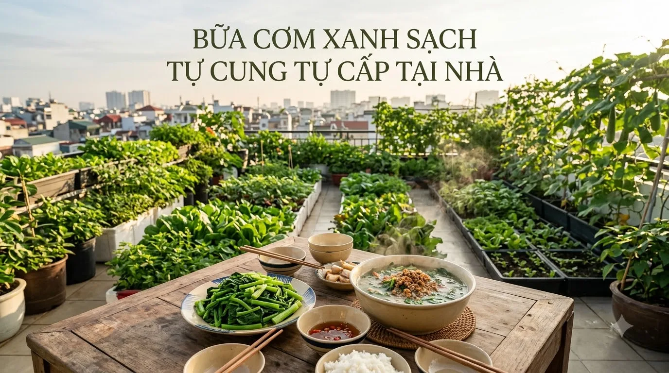 Bữa cơm gia đình trọn vẹn từ nguồn rau sạch tự trồng trên sân thượng