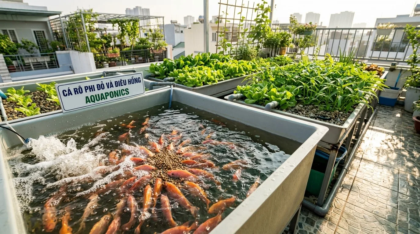Nuôi cá rô phi điêu hồng trong hệ aquaponics sân thượng