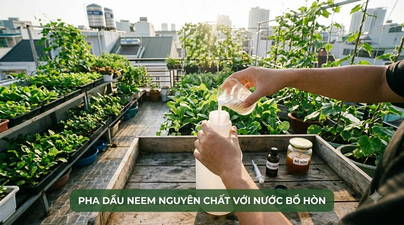 Cách pha tinh dầu neem nguyên chất với nước bồ hòn nhũ hóa trị sâu rầy