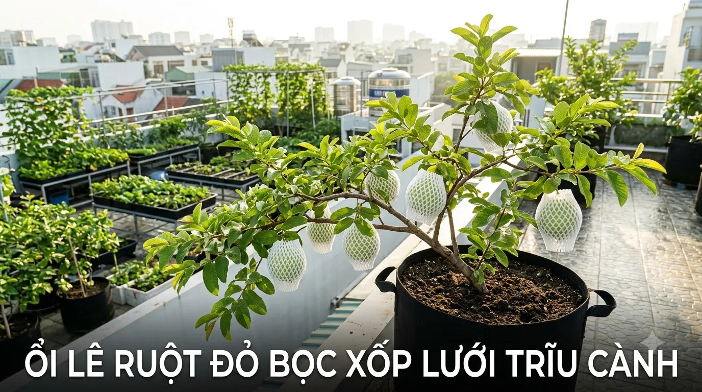 Cây ổi ruột đỏ trồng chậu thông minh trĩu quả thơm giòn