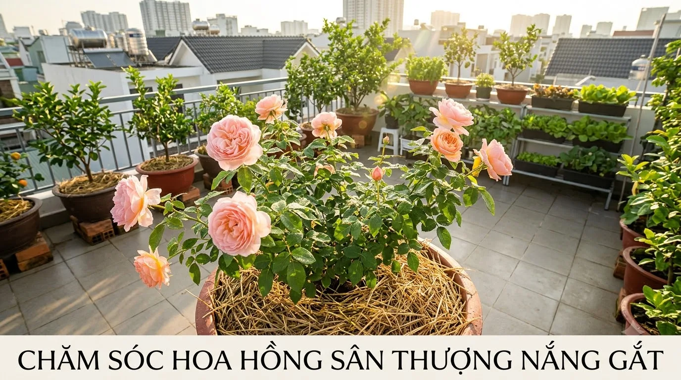 Cách chăm sóc hoa hồng trên sân thượng nắng gắt chống sốc nhiệt