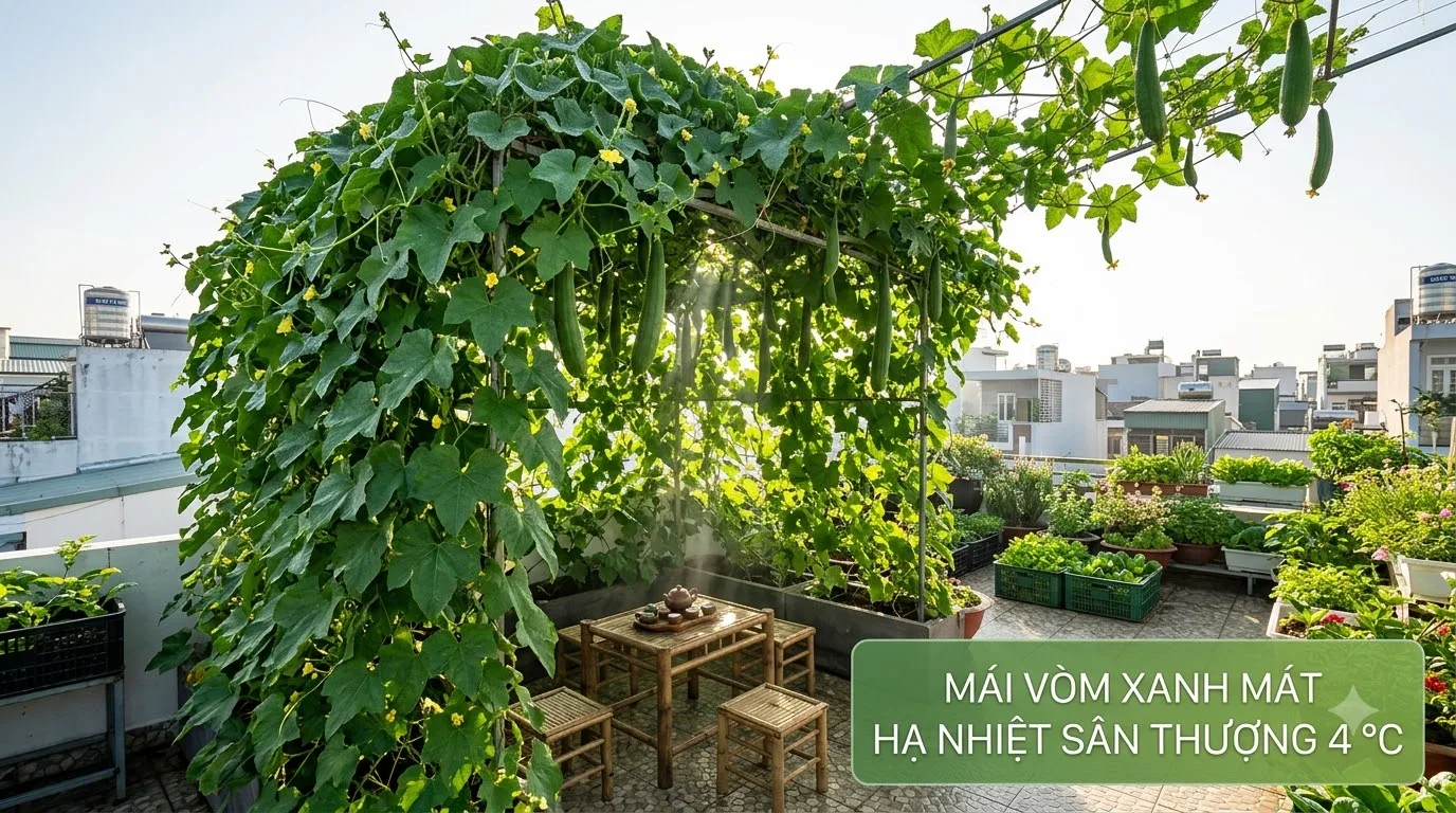 Bố trí chậu ghép thông minh sâu đáy dưới chân giàn leo sân thượng