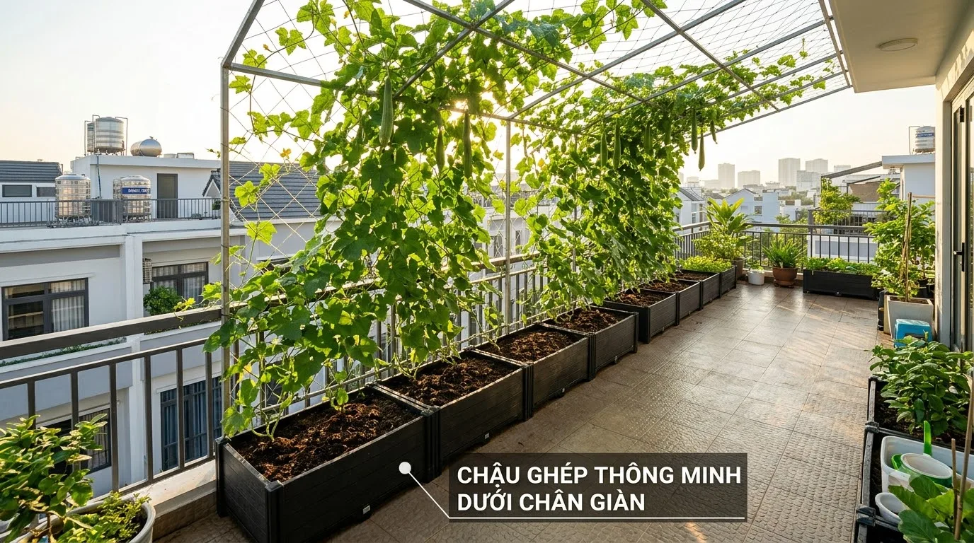 Bố trí chậu ghép thông minh 4 khoang kích thước tiêu chuẩn 100x50x40cm trên sân thượng