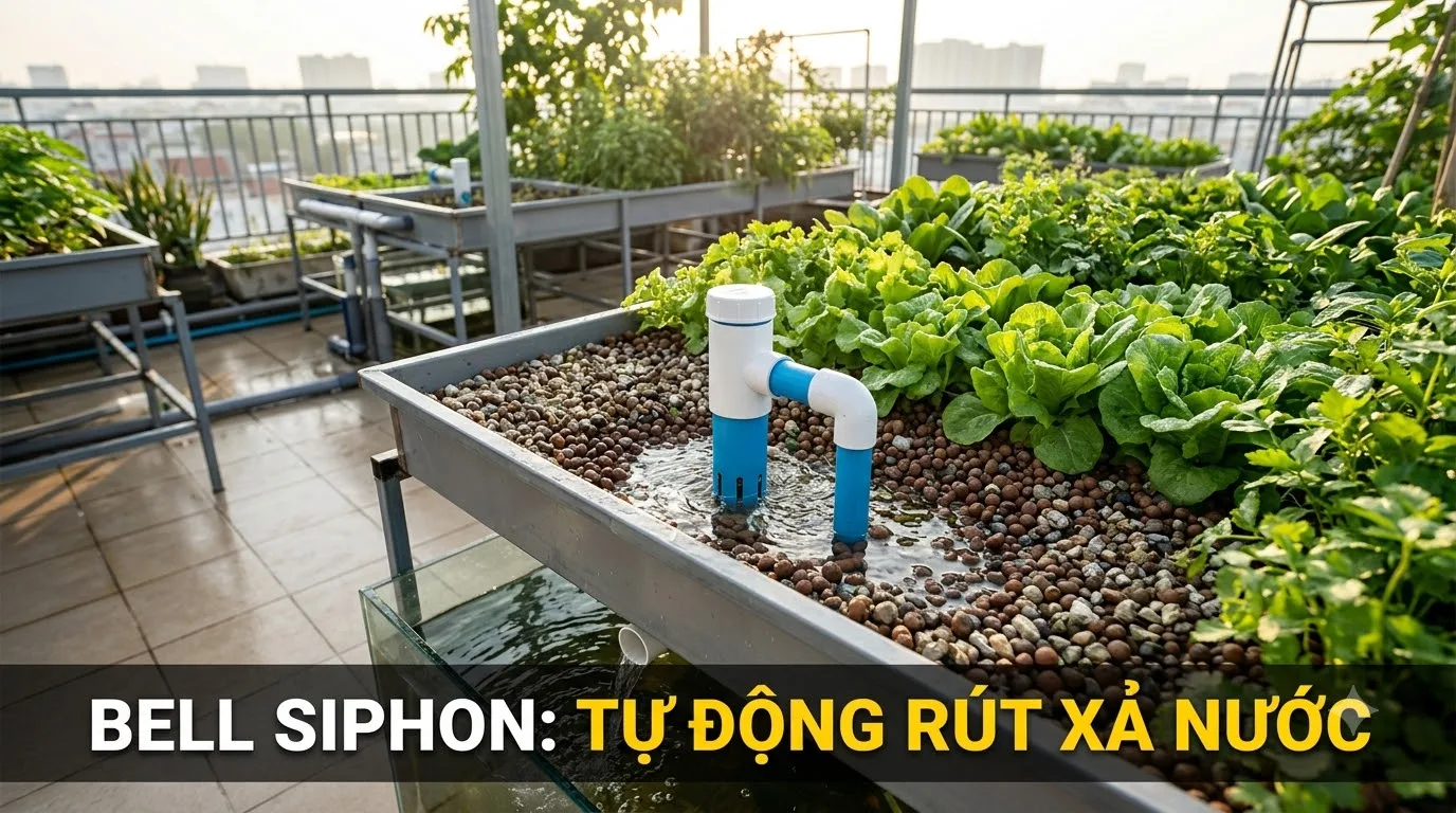 Cơ chế siphon chuông tự ngắt xả nước khay rau aquaponics