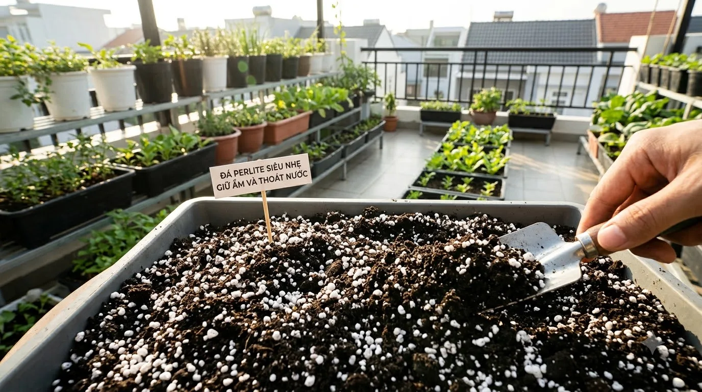 Đá trân châu perlite tạo khoang thoáng khí chống nghẹt rễ cho đất chậu