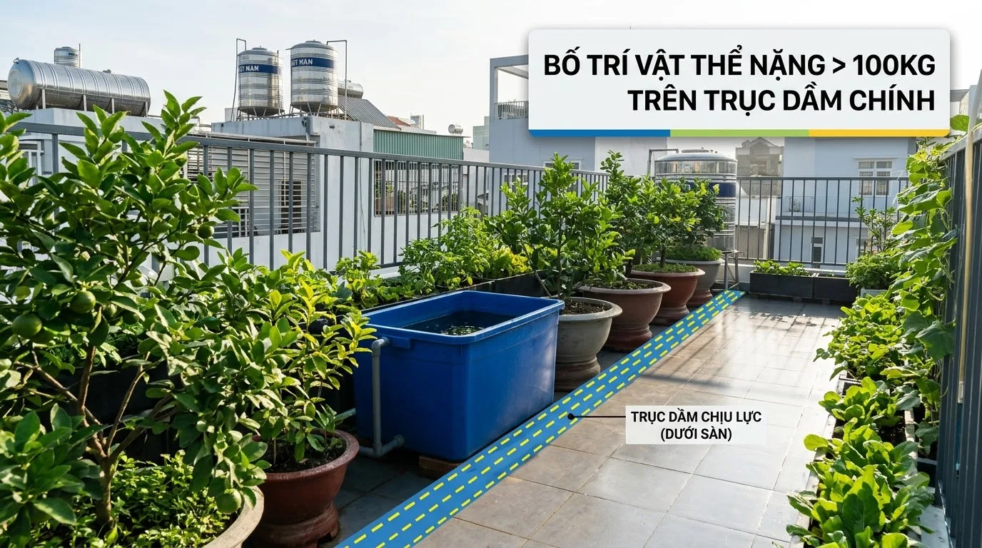 Nguyên tắc đặt bể cá và chậu cây nặng trên trục đà dầm chịu lực
