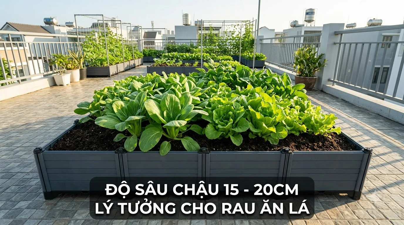 Độ sâu chậu ghép 15 đến 20cm lý tưởng cho rễ rau ăn lá phát triển