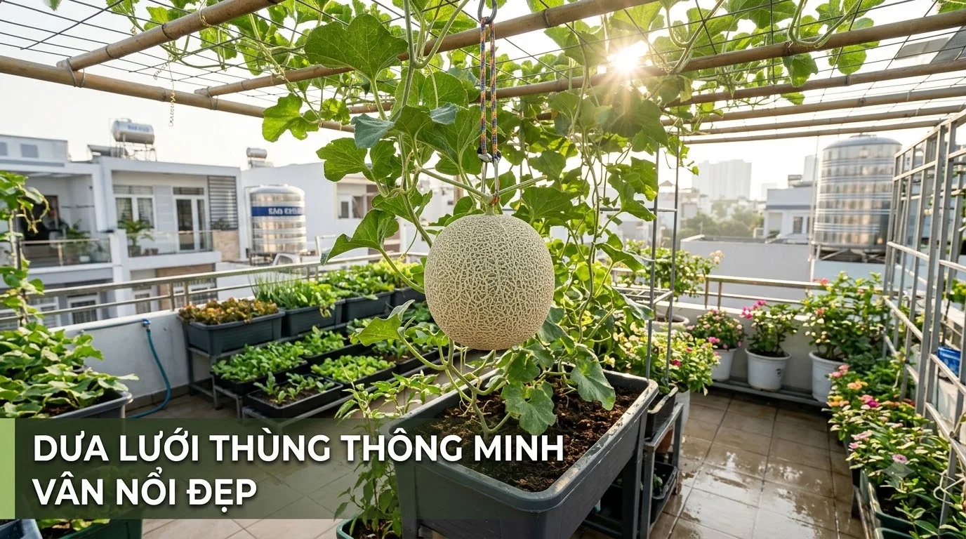 Dưa lưới trồng trong thùng thông minh đạt độ ngọt cao vân lưới đẹp