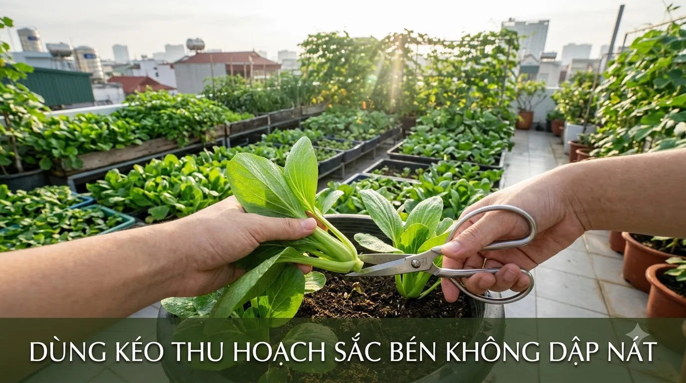 Sử dụng kéo thu hoạch sắc bén tránh dập nát gốc rau