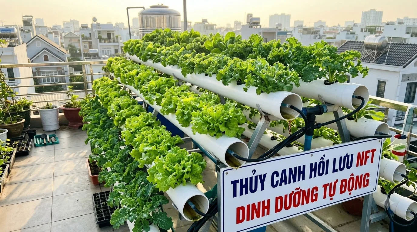 Giàn thủy canh hồi lưu rau ăn lá xanh mướt trên sân thượng