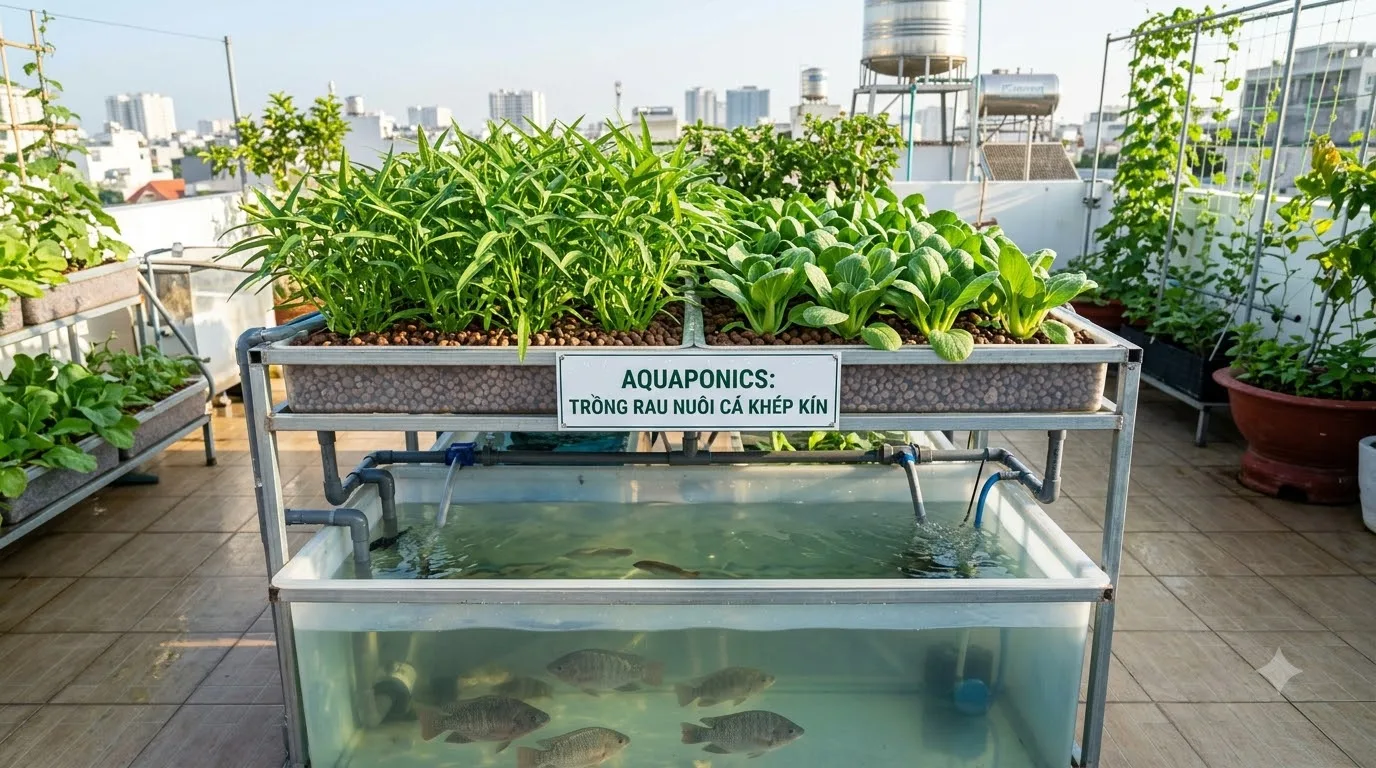 Hệ thống trồng rau nuôi cá aquaponics tuần hoàn sân thượng
