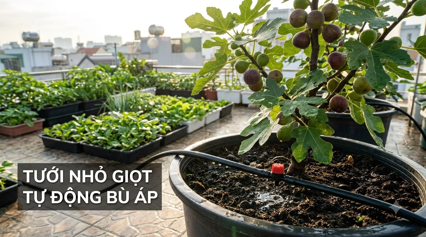 Hệ thống béc tưới nhỏ giọt tự động bù áp cho chậu cây sân thượng