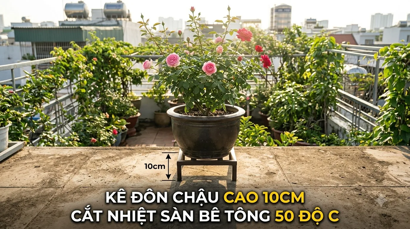 Kê đôn chậu hoa hồng cao 10cm cắt đứt dẫn nhiệt sàn bê tông mùa hè