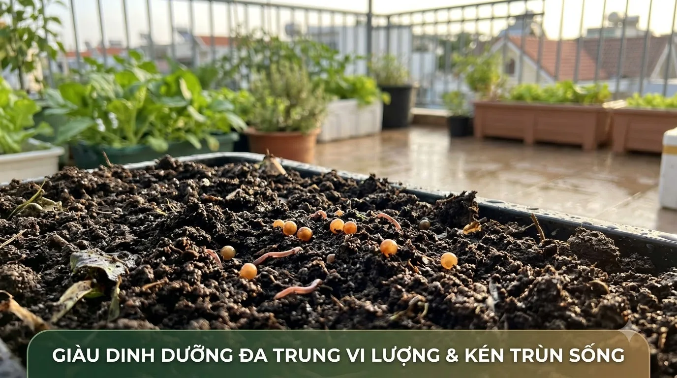 Kén trùn quế sống và vi sinh vật có lợi nở trong đất trồng sân thượng