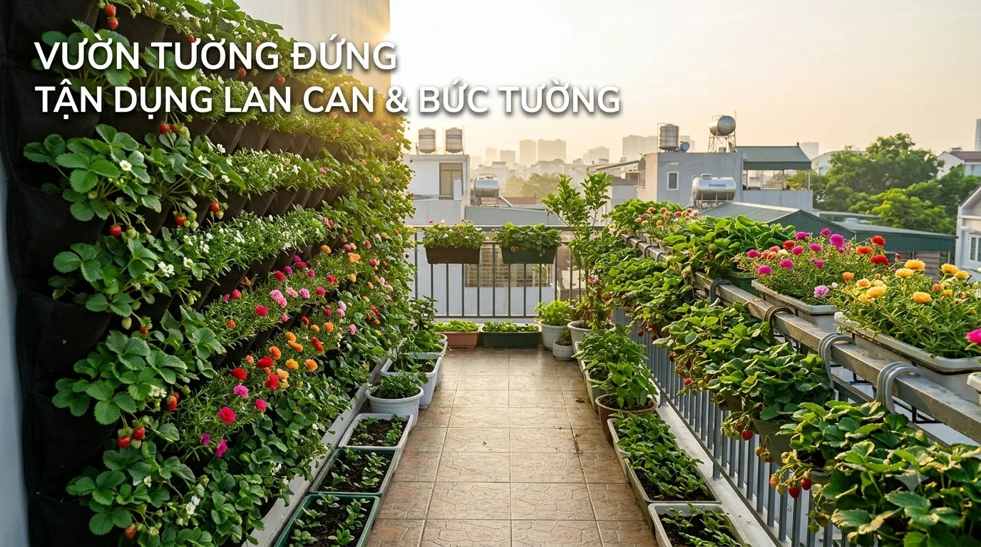 Không gian thư giãn uống trà xanh mát giữa vườn rau sân thượng