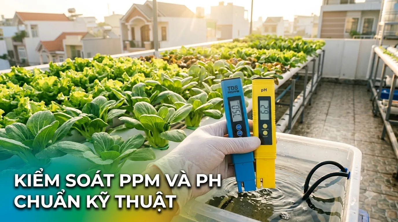 Đo kiểm tra chỉ số PPM và pH dung dịch thủy canh rau ăn lá