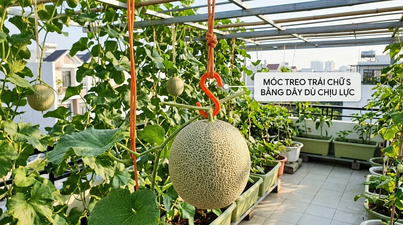 Kỹ thuật treo quả dưa lưới bằng móc dù chịu lực chống gãy cuống