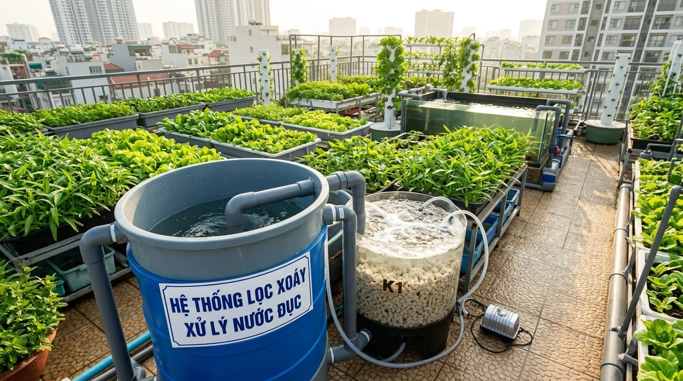 Hệ thống lọc xoáy tách phân cá xử lý nước hồ aquaponics bị đục