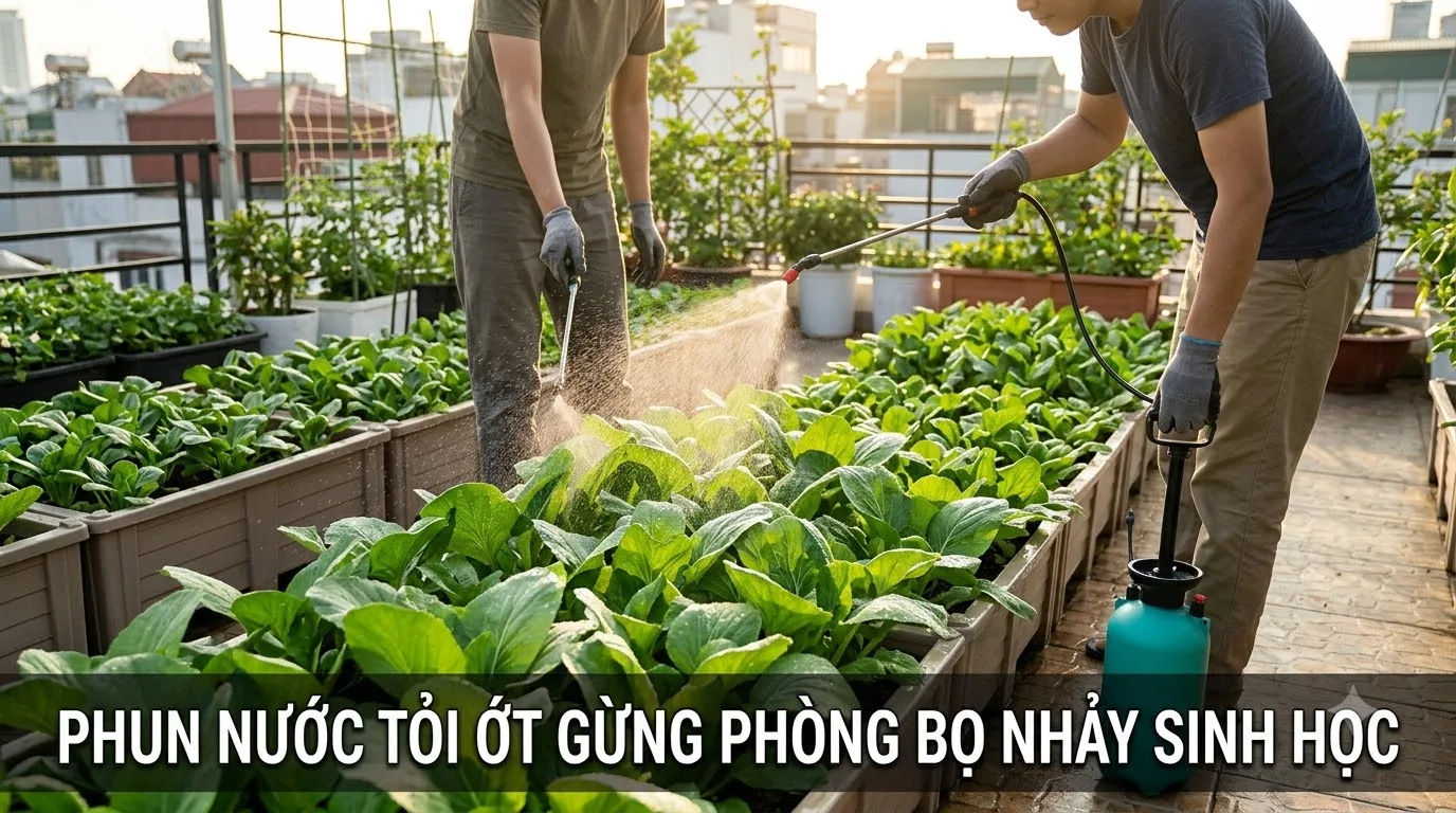 Phun dung dịch sinh học tỏi ớt gừng phòng trừ bọ nhảy hại rau cải