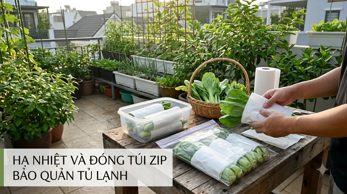 Quy trình bọc giấy thấm ẩm và bảo quản rau sạch trong tủ lạnh tươi 2 tuần