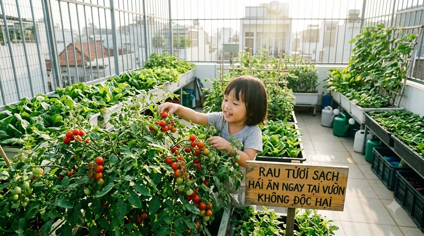 Rau trái tươi sạch hái ăn ngay tại vườn sân thượng an toàn tuyệt đối