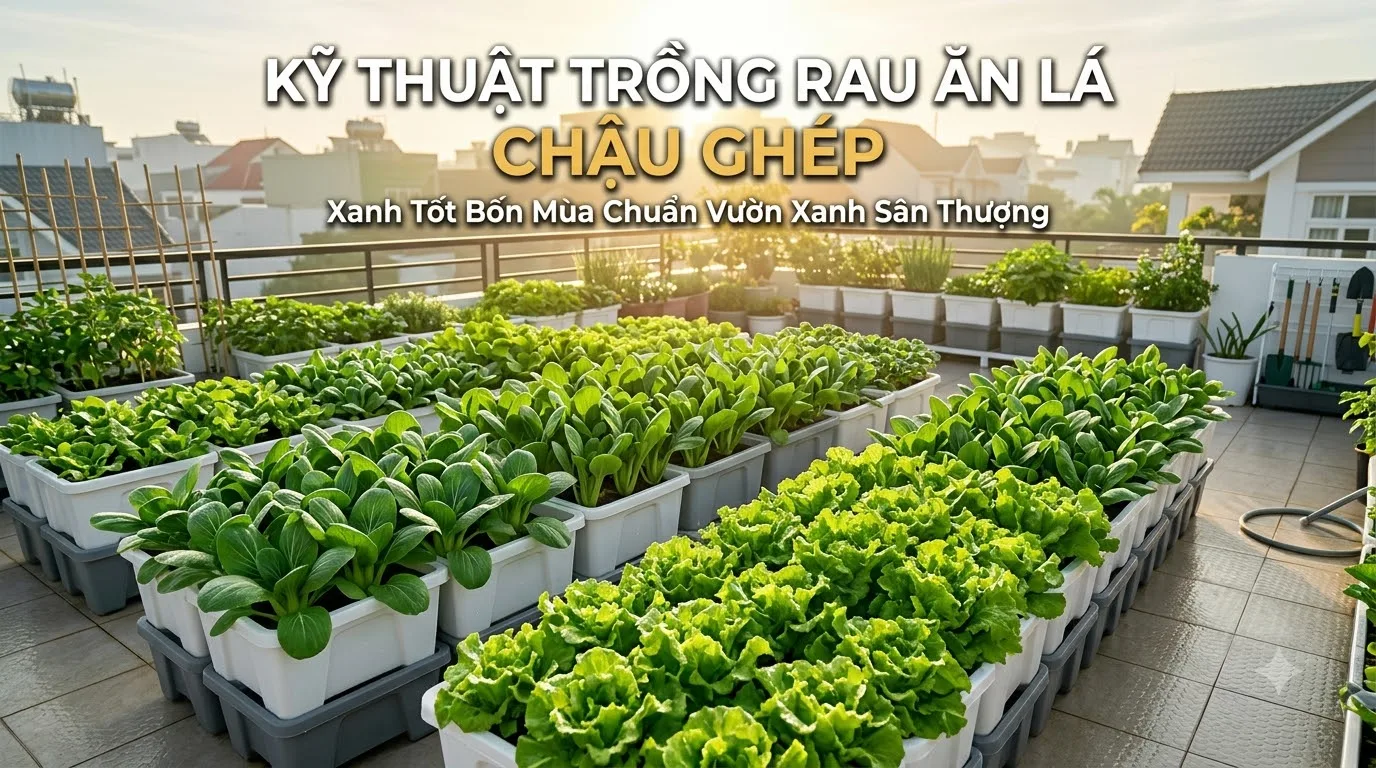 Vườn rau xanh mướt trồng trong hệ thống chậu ghép thông minh thay thế hoàn toàn thùng xốp
