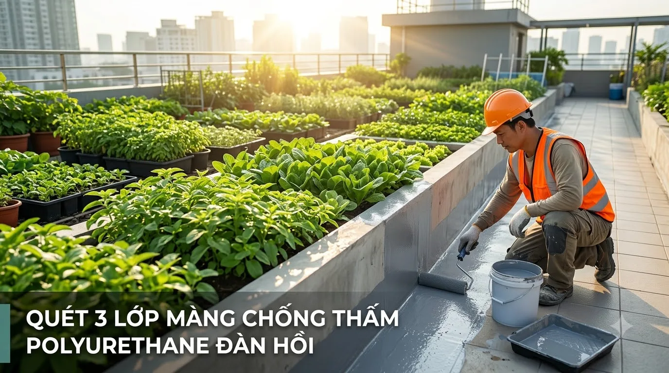 Thi công quét màng chống thấm polyurethane đàn hồi vén chân tường