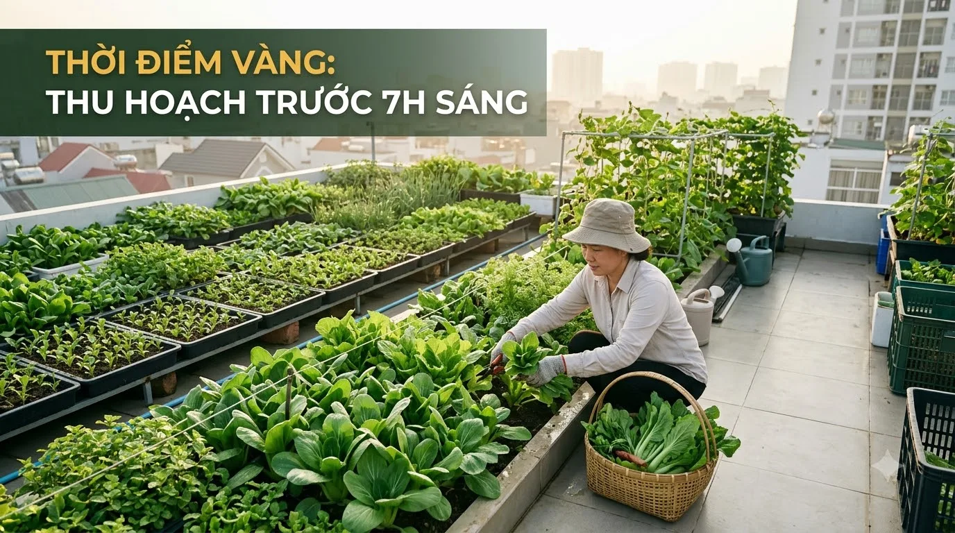 Thu hoạch rau lúc sáng sớm trước 7h giúp rau giòn ngọt giữ trọn vitamin