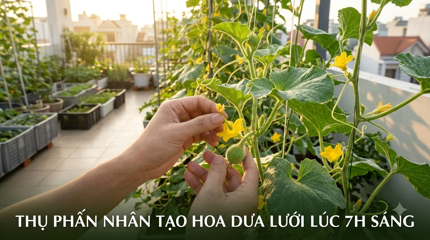 Kỹ thuật thụ phấn nhân tạo hoa dưa lưới lúc sáng sớm đảm bảo đậu quả