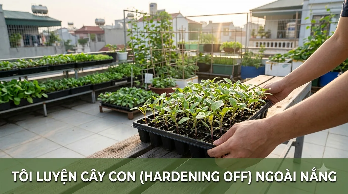 Quá trình tôi luyện cây con ngoài nắng trước khi trồng ra chậu lớn