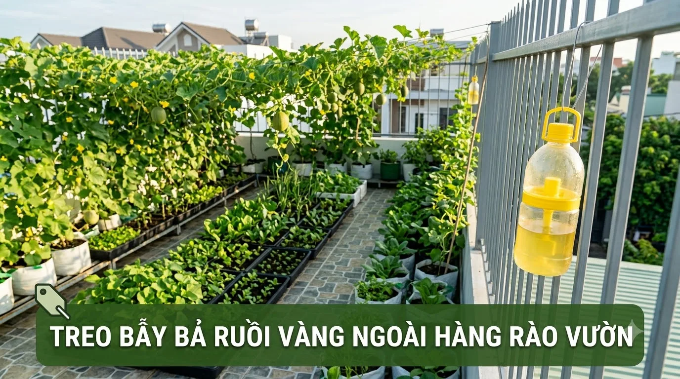 Treo bẫy bả ruồi vàng pheromone sinh học bảo vệ giàn quả không bị chích