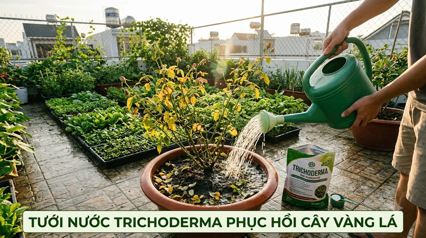 Tưới dung dịch nấm Trichoderma phục hồi cây hoa hồng bị úng thối rễ