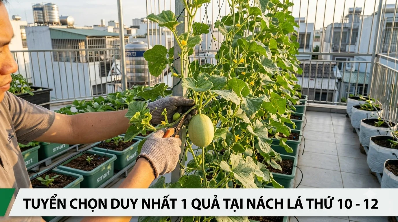 Tuyển chọn duy nhất 1 quả dưa lưới đẹp nhất tại nách lá thứ 10 đến 12
