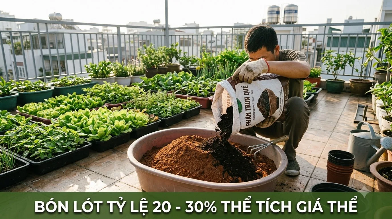 Tỷ lệ trộn bón lót phân trùn quế từ 20 đến 30 phần trăm thể tích đất