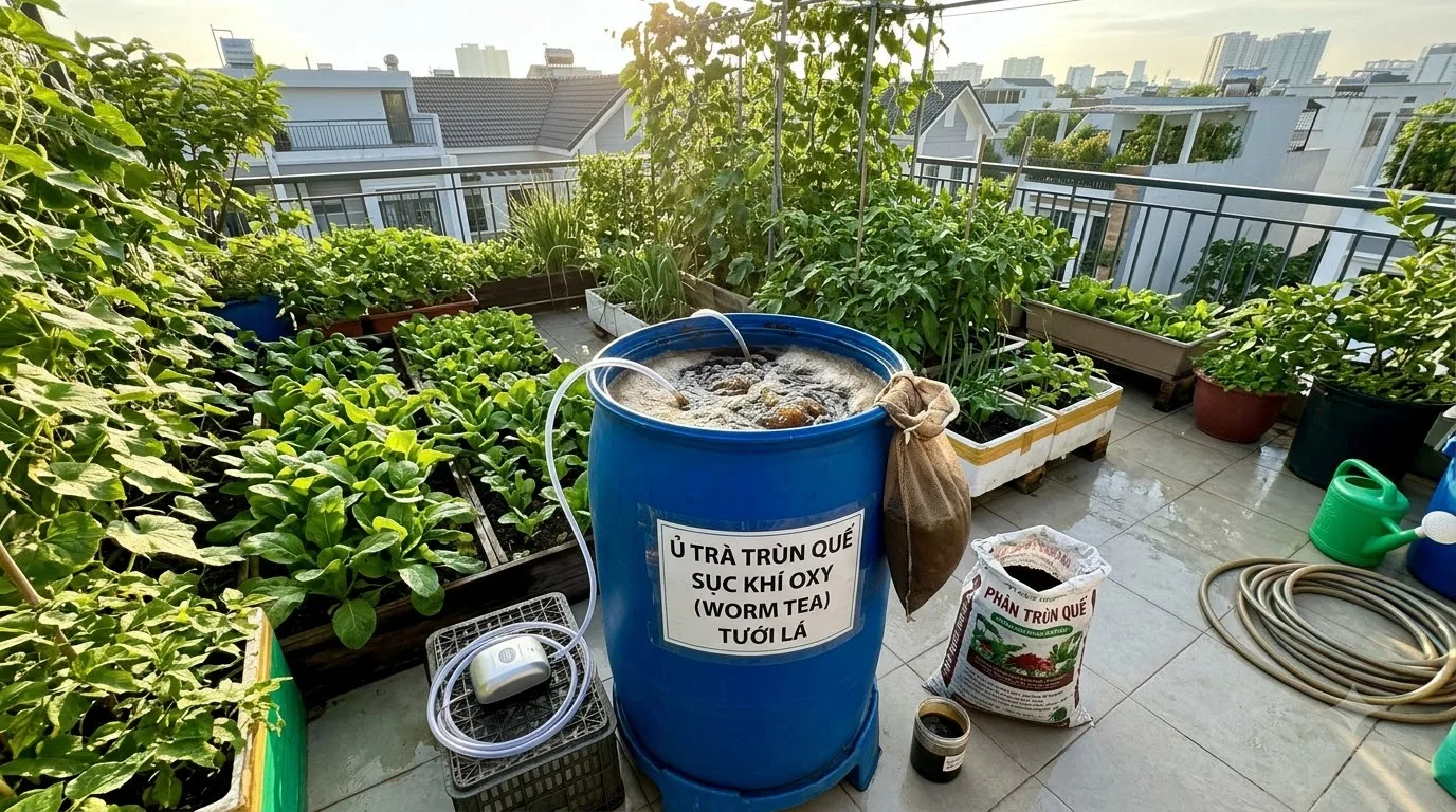 Ủ trà trùn quế worm tea sục khí oxy tưới lá và kích thích ra rễ