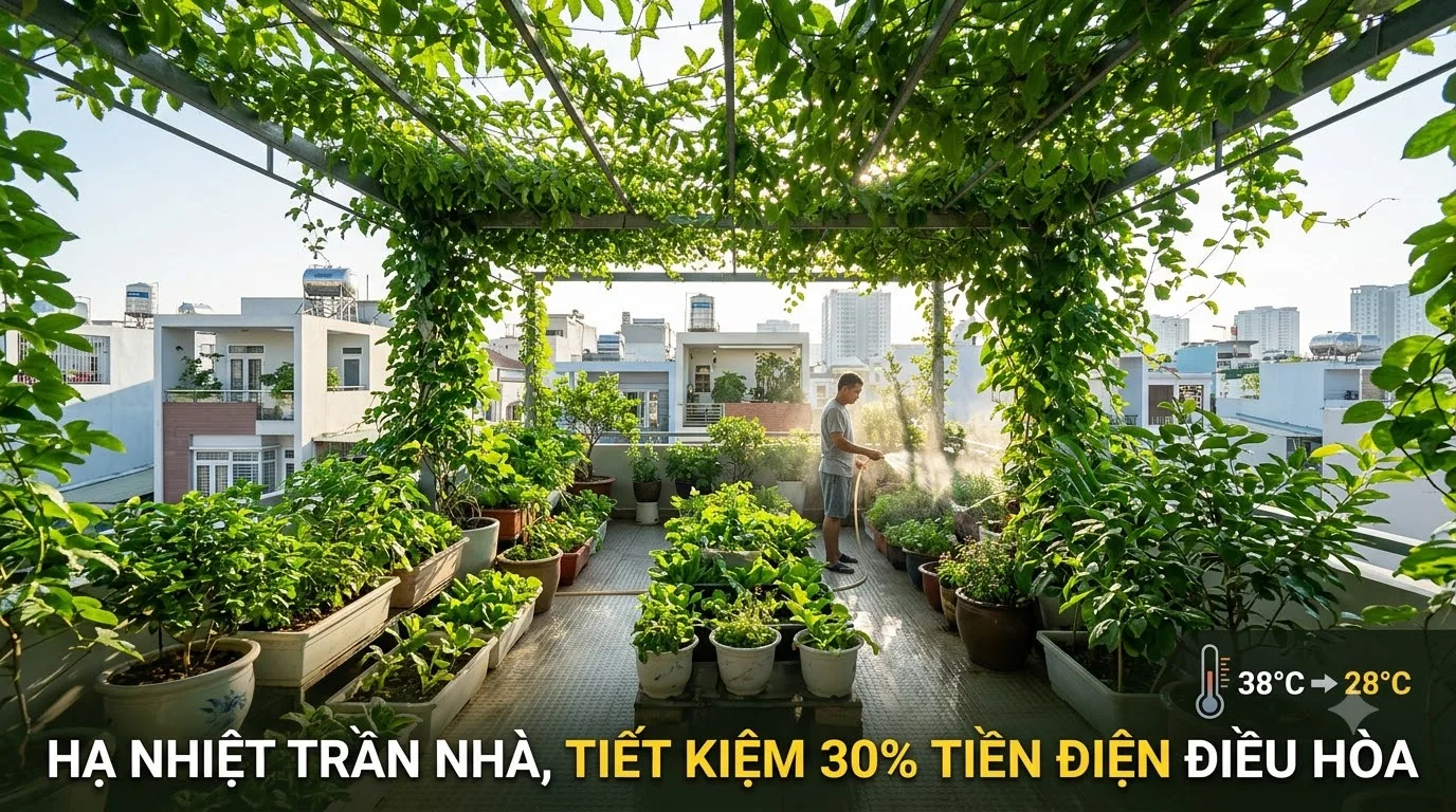 Mảng xanh vườn sân thượng cách nhiệt tự nhiên tiết kiệm 30% tiền điện